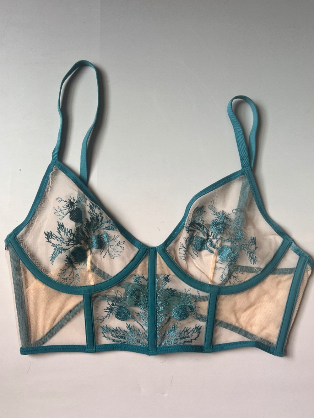 Thistle and Spire 34C Teal Sheer Mesh Embroidered Longline Underwire Bra